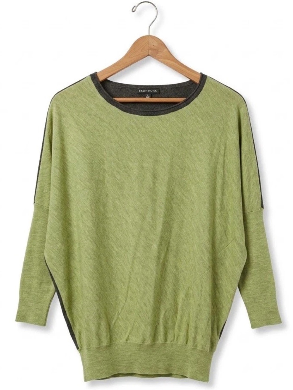 Eileen Fisher 100% Merino Wool Sweater Colorblock Green Gray Batwing Pullover MP